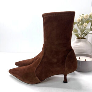 Stuart Weitzman Naomi 50 Suede Boot Pointed Toe Kitten Heel Deep Coffee Women 11